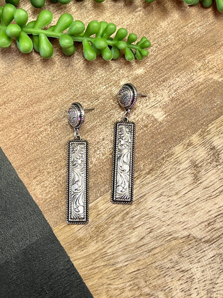 Silver Scroll Long Bar Earrings