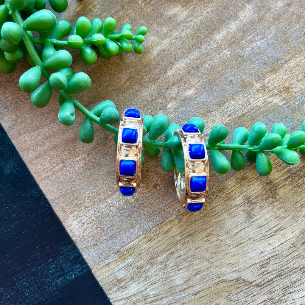 Gold & Square Royal Blue Stone Hoops