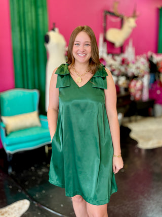 Emerald Green Satin Bow Dress