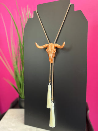 Pearlized Peach Bull Skull Crystal Bolo Necklace