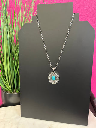Silver Dot Oval & Turquoise Chain Necklace