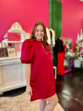 Deep Red Satin Puff Sleeve Dress