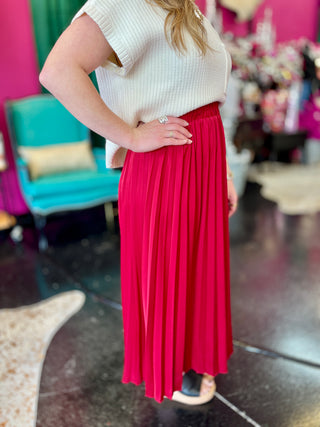 Deep Red Satin Pleated Midi Skirt