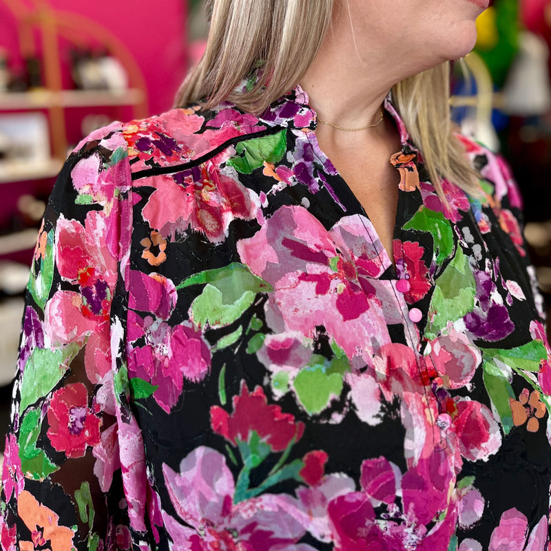 Black Bright Floral Print Chiffon Top
