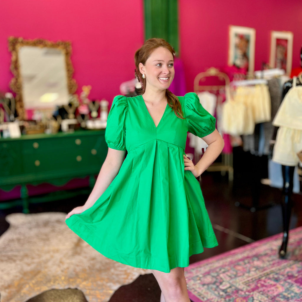 Green VNeck Baby Doll Dress