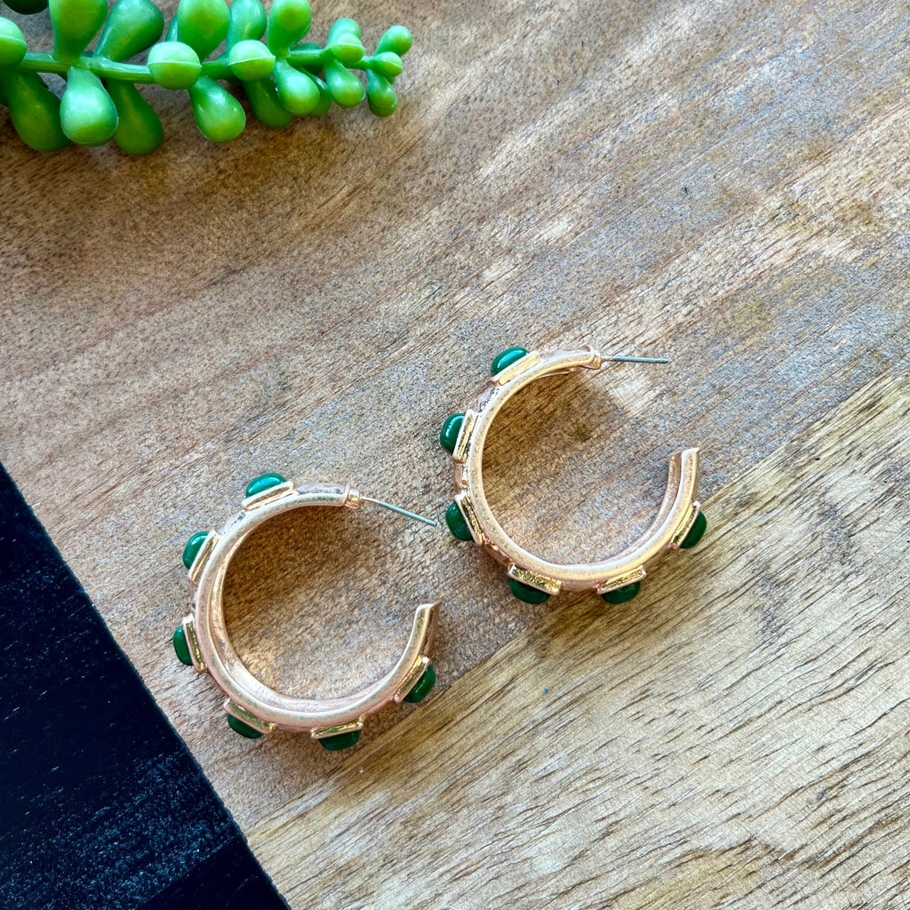 Gold & Square Green Stone Hoops