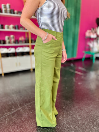 Bright Olive Front Seam Wide Leg Pants