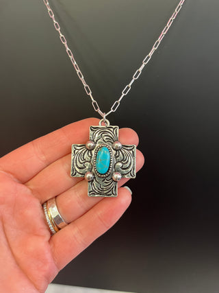 Silver Scroll Cross & Faux Turquoise Necklace