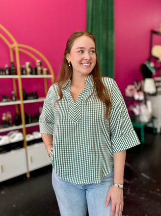 Hunter Green Gingham VNeck Top