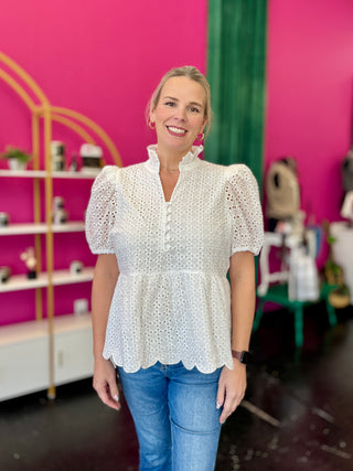 White Eyelet Peplum Top