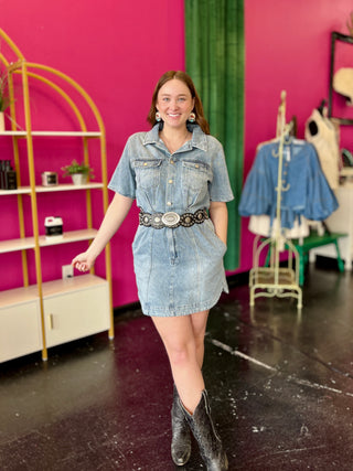 Denim, button-down, short sleeve dress