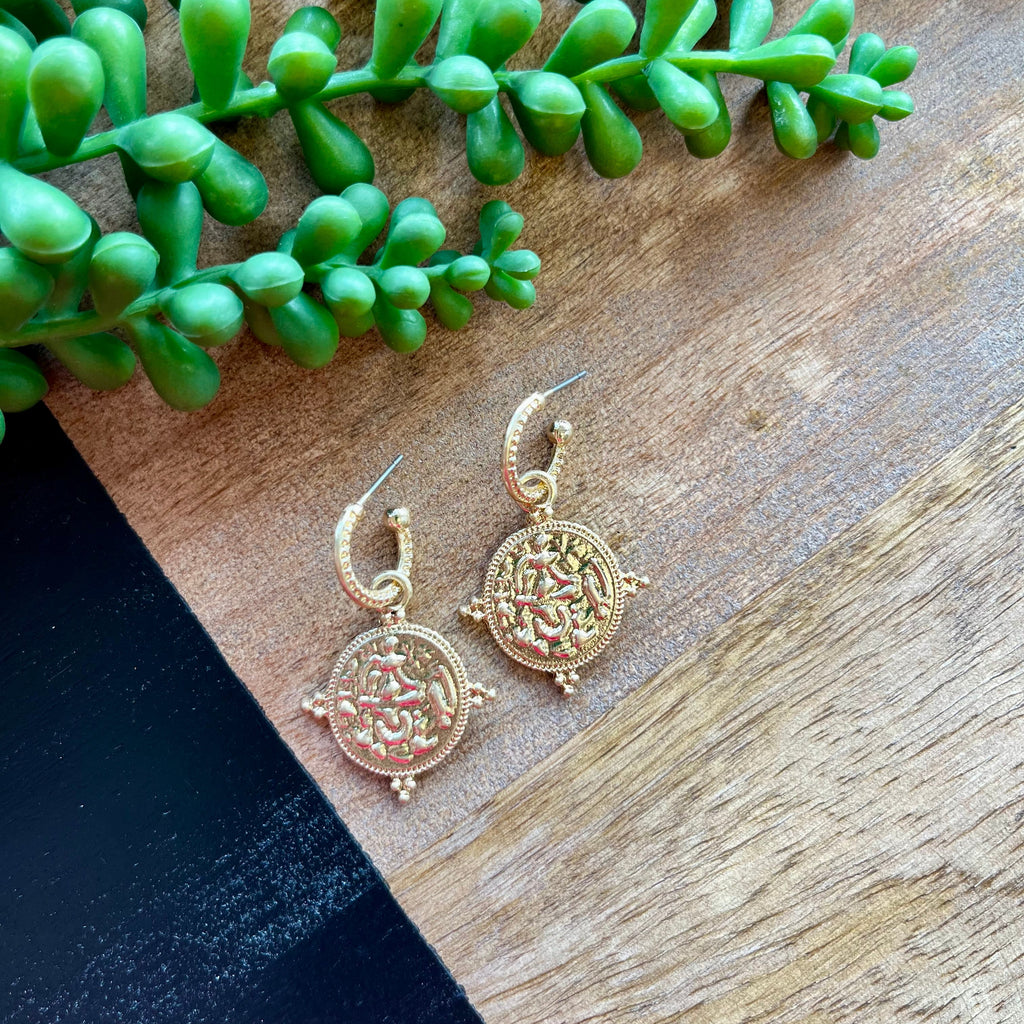 Gold Coin Hoop Dangle Earring