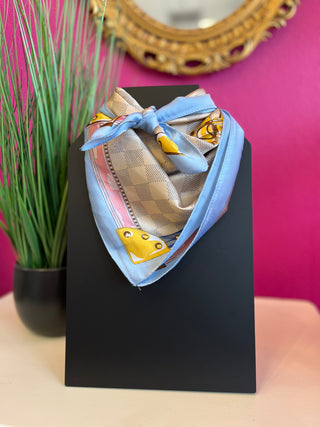 Blue Checkered Satin Wild Rag Scarf