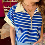 Royal Blue & White Striped Half Zip Top