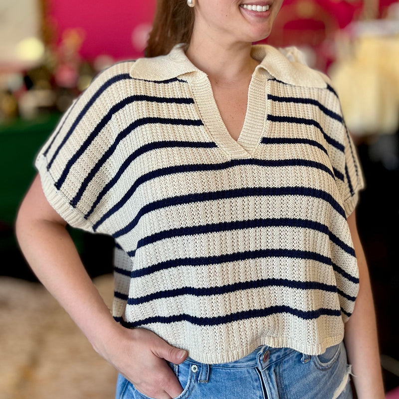 Ivory & Navy Collared Pullover Top