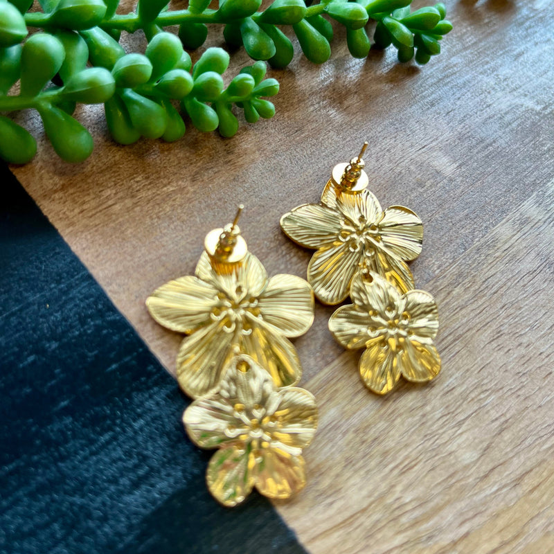 Gold Double Stacked Flower Earrings - Water Resistant