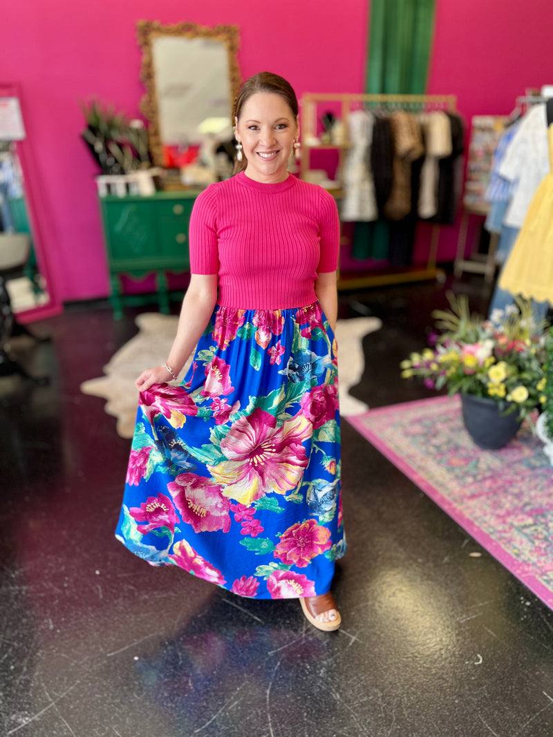 Royal Blue Floral Print Maxi Skirt