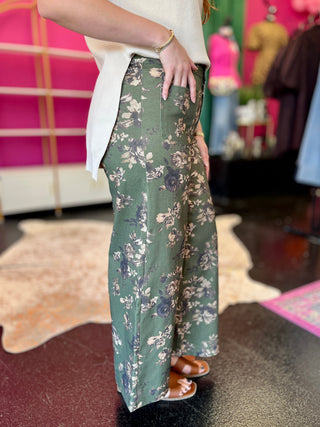Olive Green Floral Wide Leg Pant