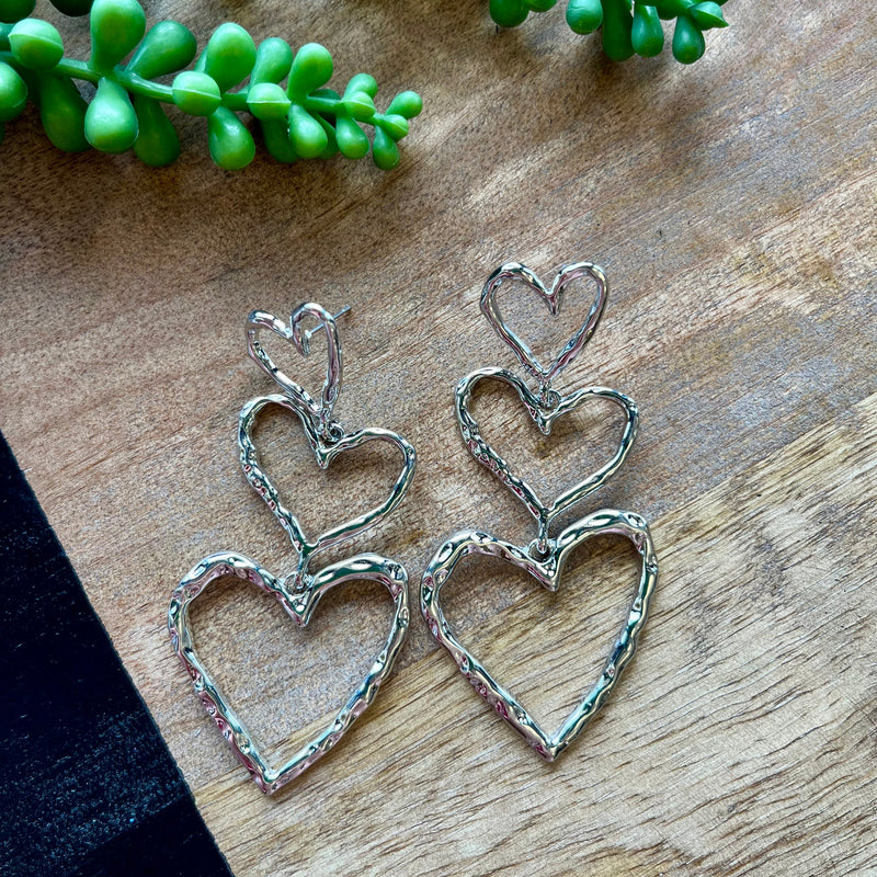 Hammered Silver 3 Heart Earrings