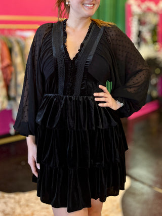 Black Velvet & Lace Tiered Dress