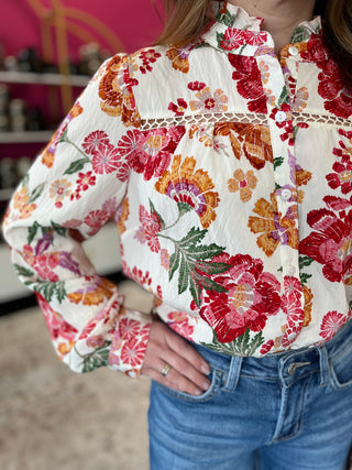 Cream, Red, & Orange Floral Print Top
