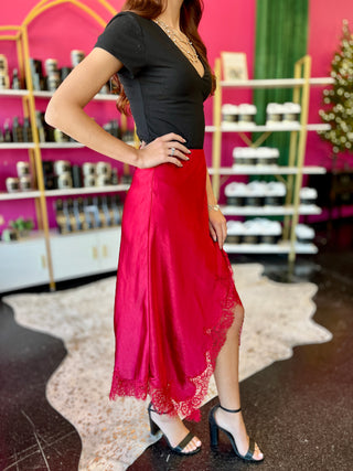 Red Satin & Lace Asymmetrical Midi Skirt