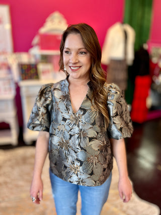 Gray & Black Metallic Puff Sleeve Top