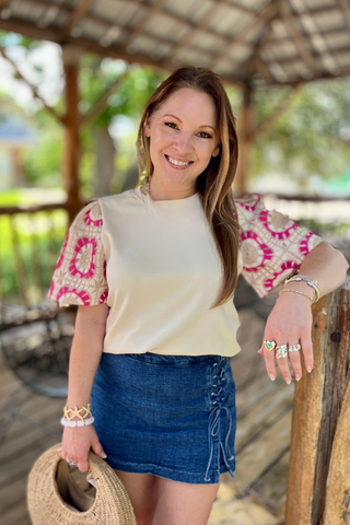 Pink, Beige, & Cream Crochet Sleeve Top