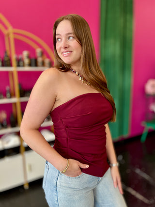 Maroon Strapless Asymmetrical Top