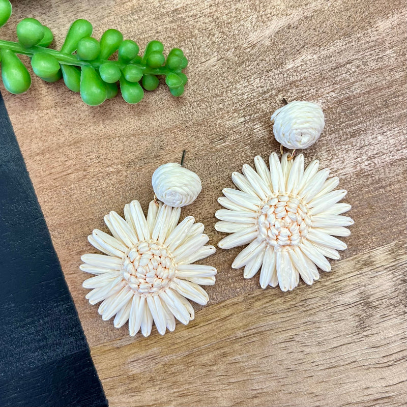 Ivory Raffia Flower Earrings