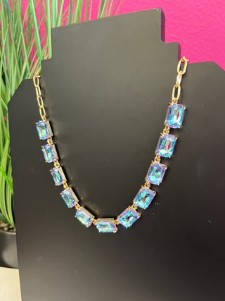 Too Chic Rectangle Denim Blue & Gold Chain Necklace