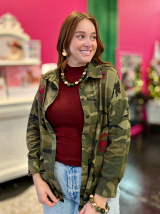 Camo Button Up Embroidery Top