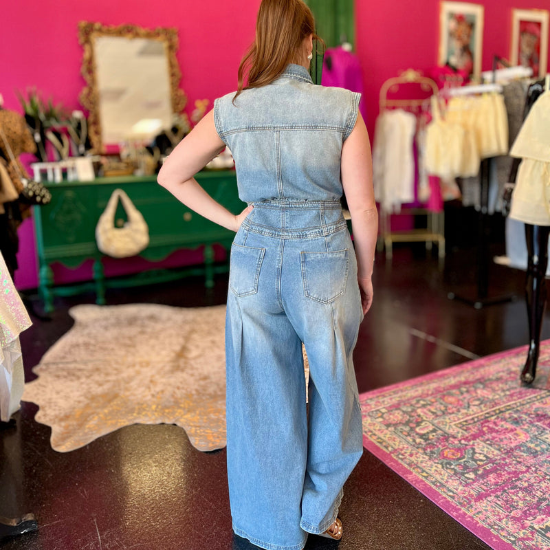 Washed Denim Wide Leg Jumpsuit