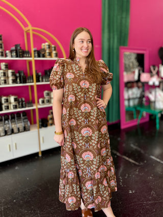 Brown Fall Floral Midi Dress