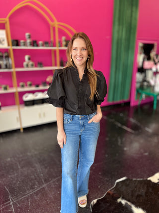 Black Smocked Ruffle Detail Top