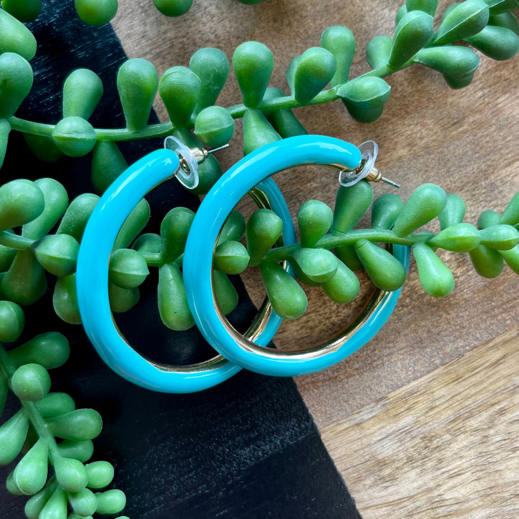 Turq Enamel & Gold Lg Hoop Earrings