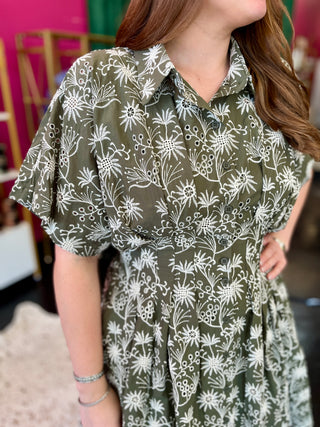 Olive Embroidery Gathered Waist Dress