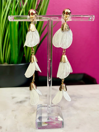 White & Gold Three Petal Long Earrings