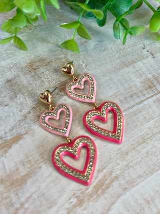 2 Tone Pink Crystal Double Heart Earrings