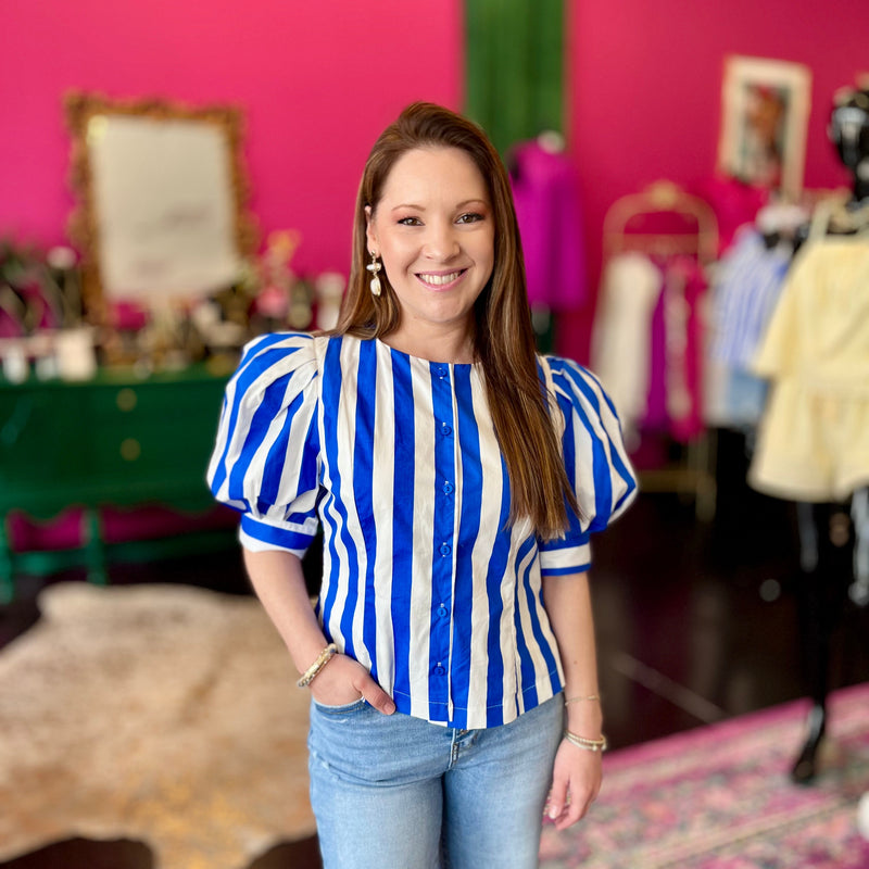 Royal Blue Striped Puff Sleeve Top