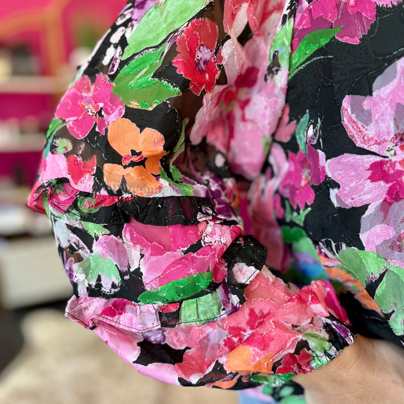 Black Bright Floral Print Chiffon Top