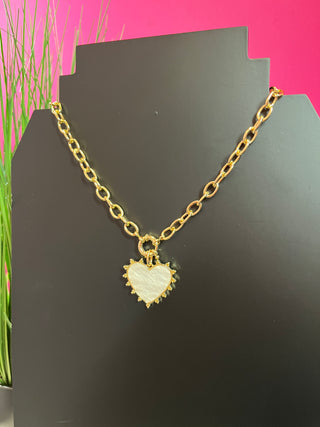 Pearlized White & Gold Heart Chain Link Necklace