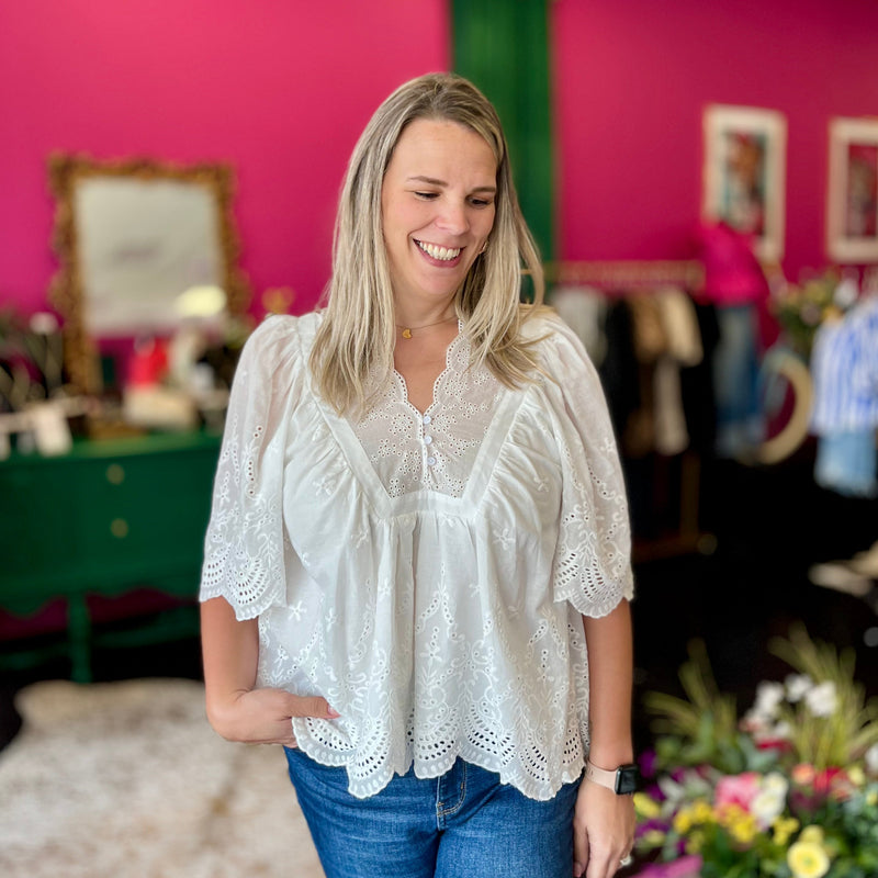 White Eyelet VNeck Boho Top