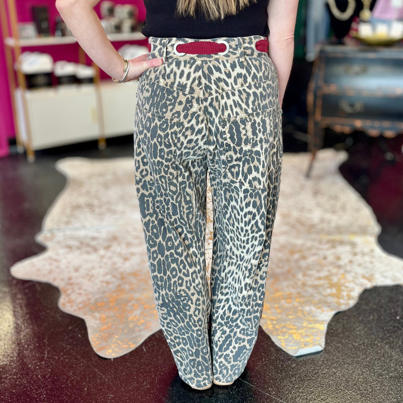 Leopard & Maroon Belt Barrel Jean