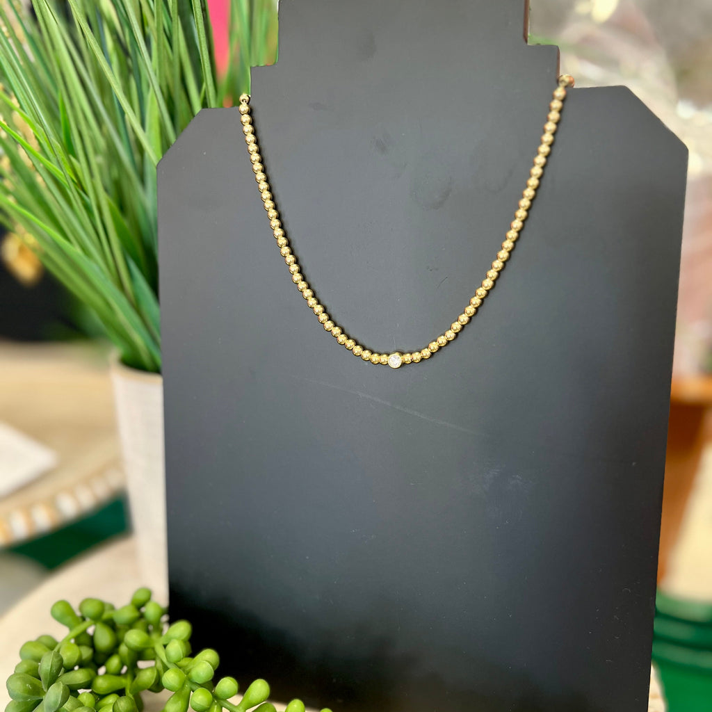 Gold Ball & Crystal Necklace- Water Resistant