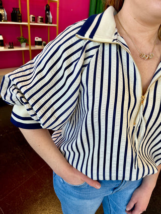 Navy Striped Ribbed Collar Top