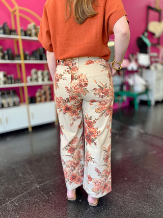 Taupe & Orange Floral Wide Leg Pants