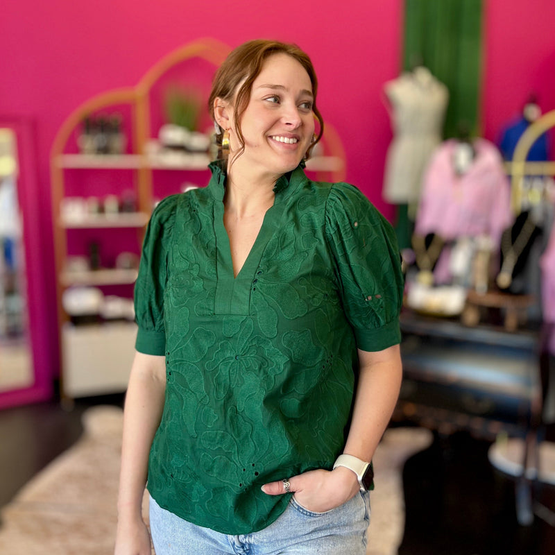 Emerald Green Floral Embroidery Top