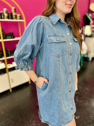Denim Puff Sleeve Button Down Dress