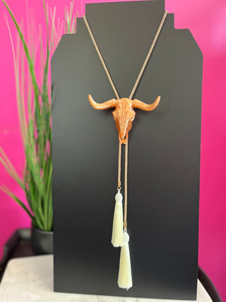 Pearlized Peach Bull Skull Crystal Bolo Necklace